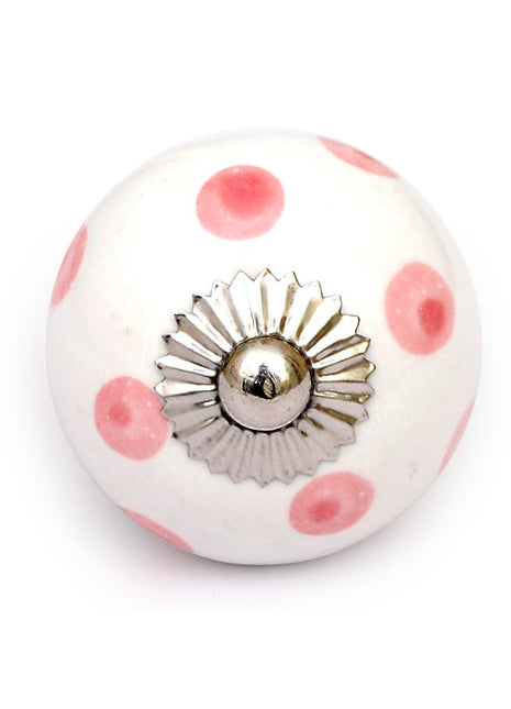 White Round Ceramic Drawer Knob With Pink Polka Dots