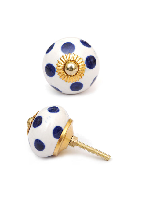 Ceramic White Kitchen Cabinet Knob With Blue Polka Dots
