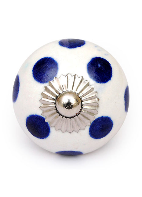 Ceramic White Kitchen Cabinet Knob With Blue Polka Dots