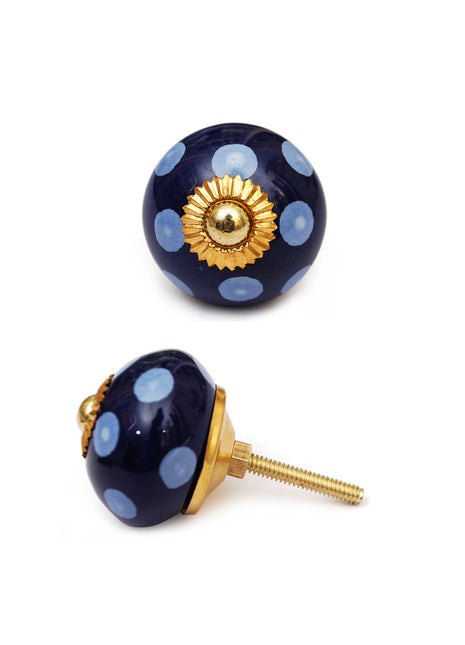 Blue Ceramic Kitchen Cabinet Knob With Turquoise Polka Dots