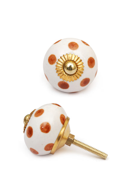 White Knob With Beautifully Hand Painted Brown Polka Dots