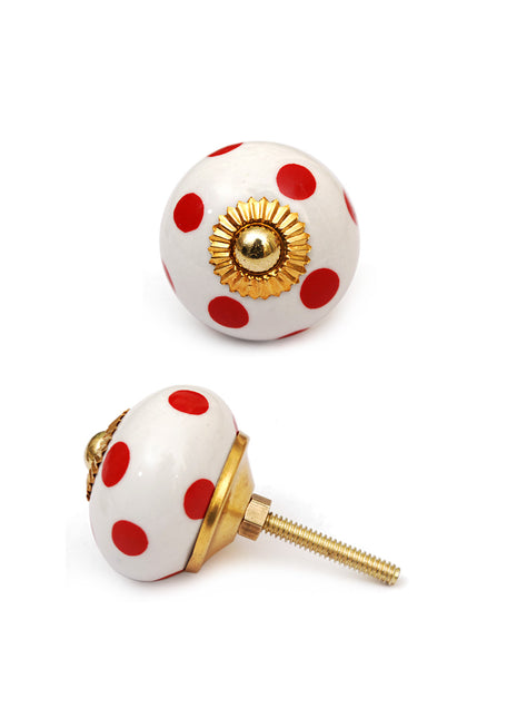 White Round Ceramic Drawer Knob With Red Polka Dots
