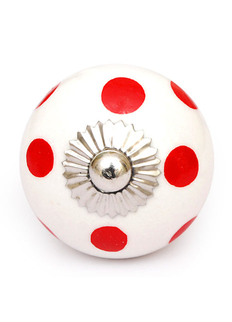 White Round Ceramic Drawer Knob With Red Polka Dots