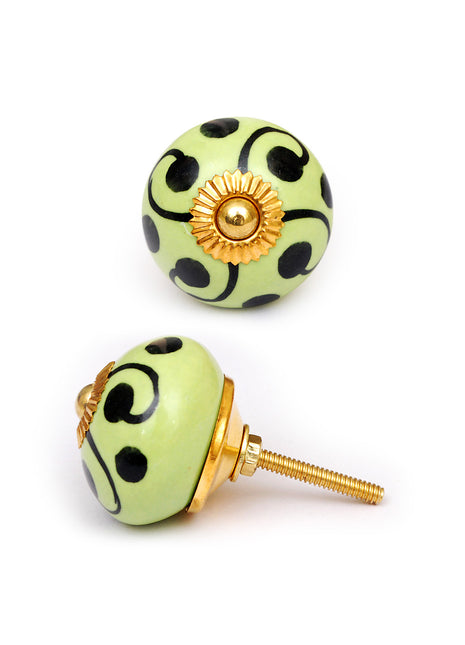 Lime Green Ceramic Cabinet Knob With Black Design