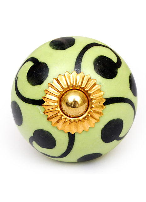 Lime Green Ceramic Cabinet Knob With Black Design