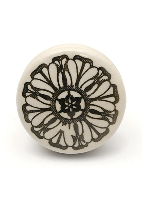 Black Design On Cream Ceramic Cabinet Knob