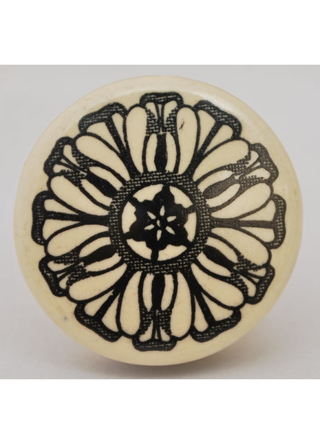 Black Design On Cream Ceramic Cabinet Knob