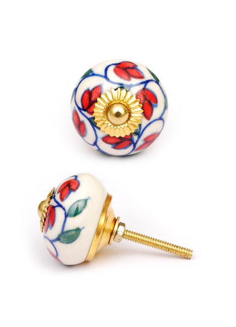 Stylish Red Petals On White Ceramic Dresser Cabinet Knob
