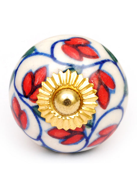 Stylish Red Petals On White Ceramic Dresser Cabinet Knob