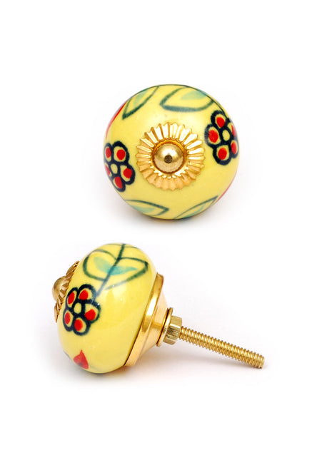 Yellow Round Kitchen Cabinet Knob With Red Flowers