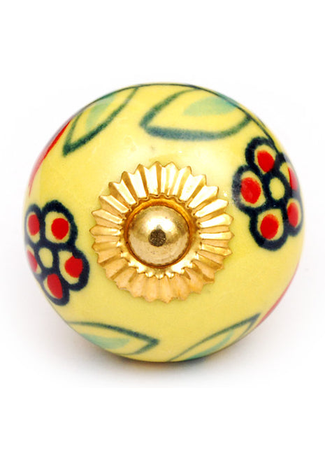Yellow Round Kitchen Cabinet Knob With Red Flowers