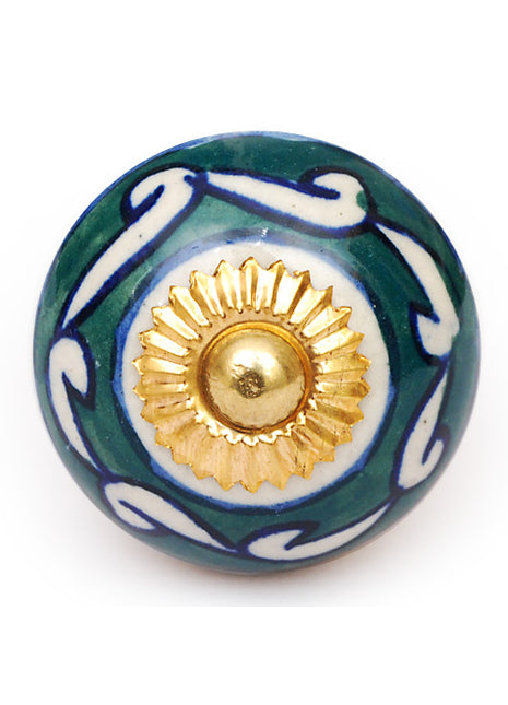 Dark Green And White Ceramic Drawer Knob