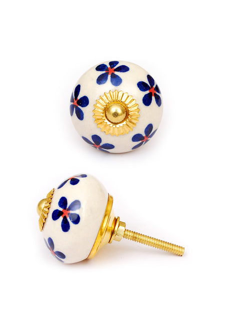 White Cabinet Knob With Blue Flowers