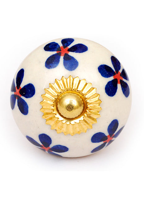 White Cabinet Knob With Blue Flowers