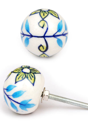 Elegant White Ceramic Knob With Turquoise And Lime Hand Painted Work