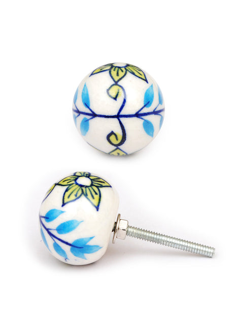 Elegant White Ceramic Knob With Turquoise And Lime Hand Painted Work
