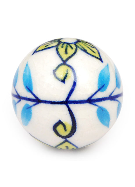 Elegant White Ceramic Knob With Turquoise And Lime Hand Painted Work