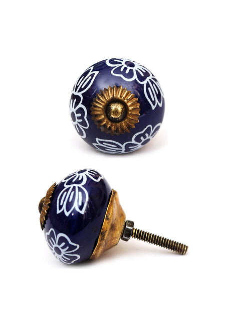 Designer Blue Ceramic Knob With Handpainted White Flowers