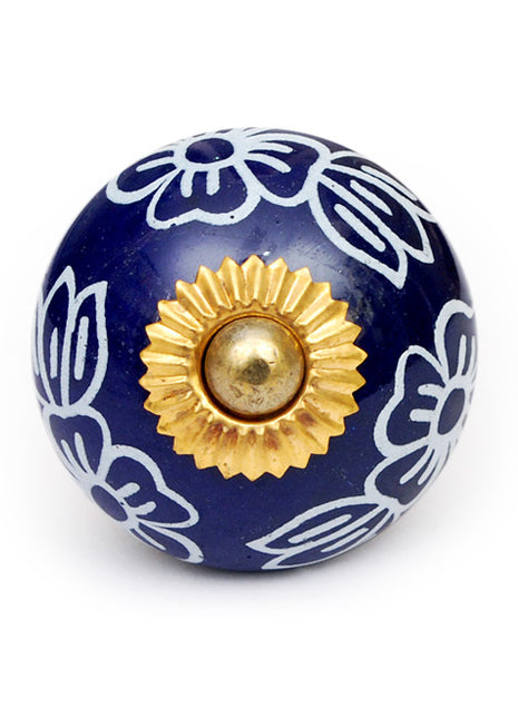Designer Blue Ceramic Knob With Handpainted White Flowers