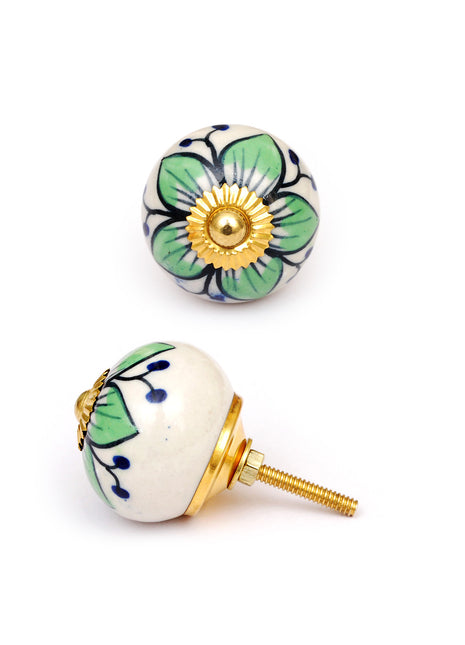 White Base Cabinet Knob With Lime Green Flower