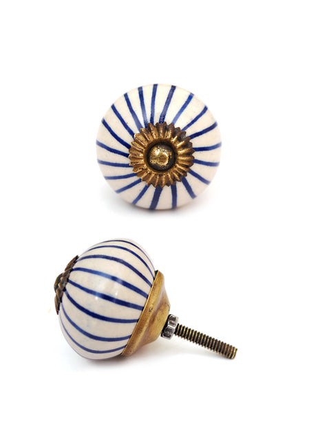 Blue Striped Ceramic Cabinet Door Knob With White Base