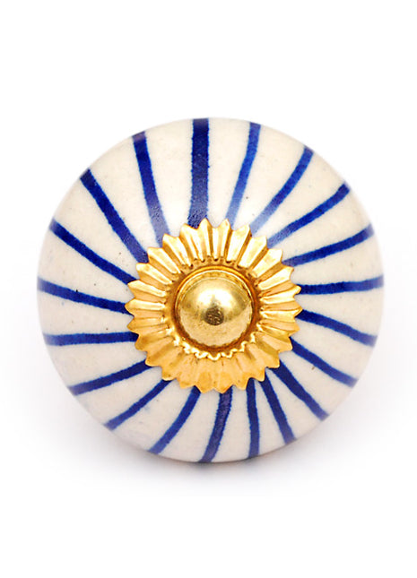 Blue Striped Ceramic Cabinet Door Knob With White Base