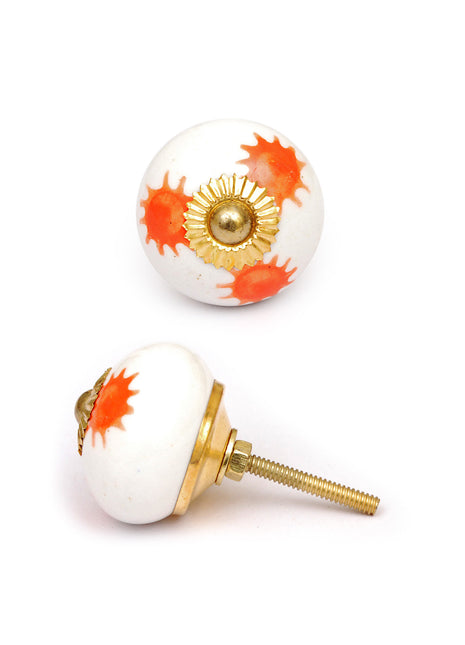 Elegant White Ceramic Cabinet Knob With Orange Print
