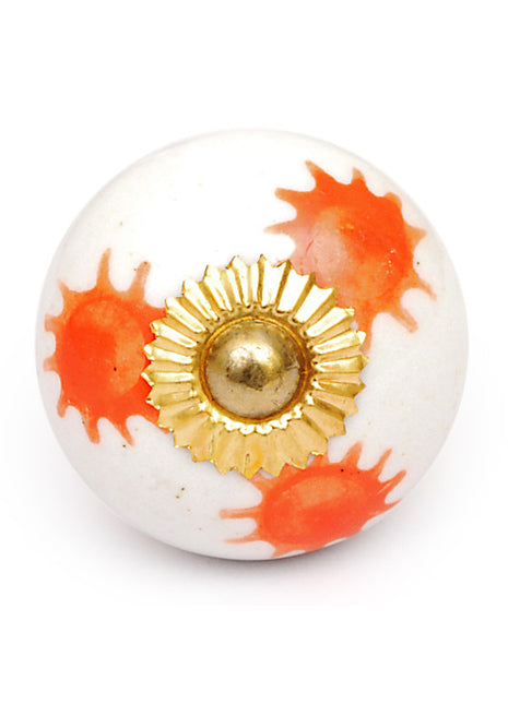 Elegant White Ceramic Cabinet Knob With Orange Print
