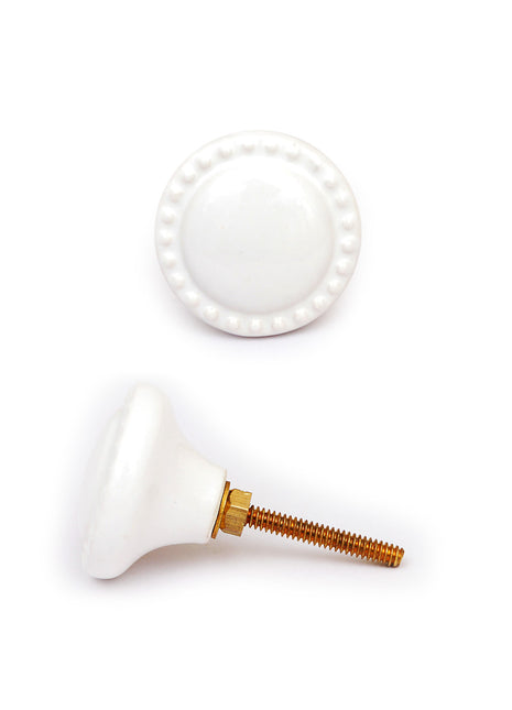 White Round Ceramic Drawer Knob With Detailed Edging