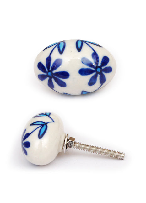White Oval Ceramic Knob With Handpainted Blue Flowers