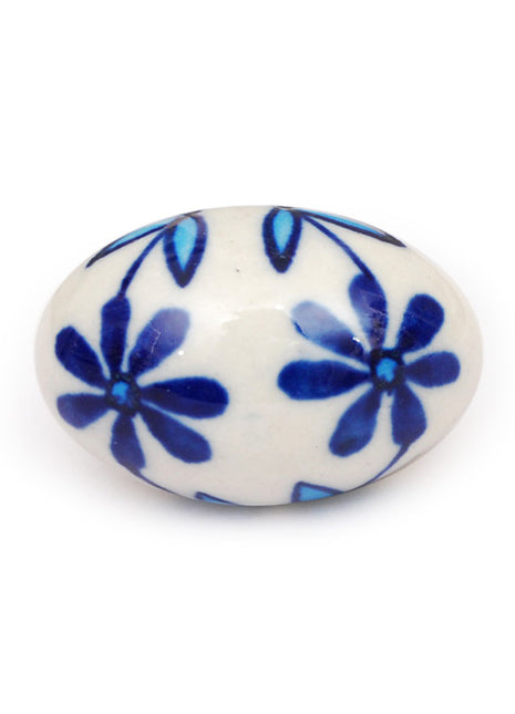 White Oval Ceramic Knob With Handpainted Blue Flowers