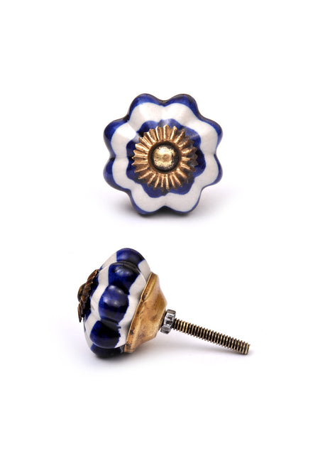 White Flower Shaped Ceramic Cabinet Knob with Blue Outline