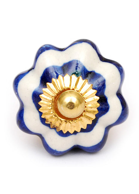 White Flower Shaped Ceramic Cabinet Knob with Blue Outline