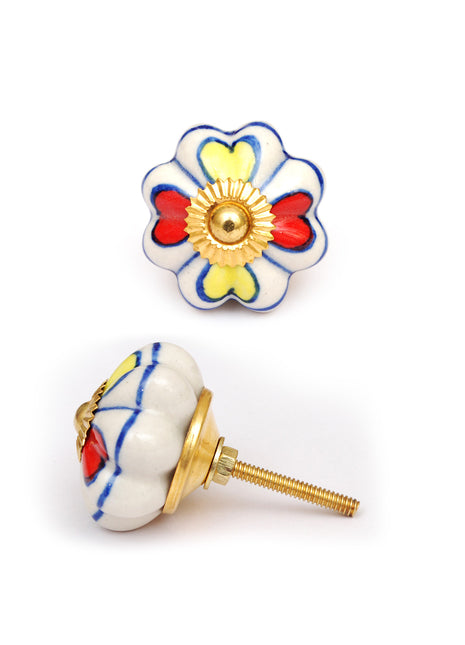 White Ceramic Drawer Cabinet Knob With Red And Yellow Flower