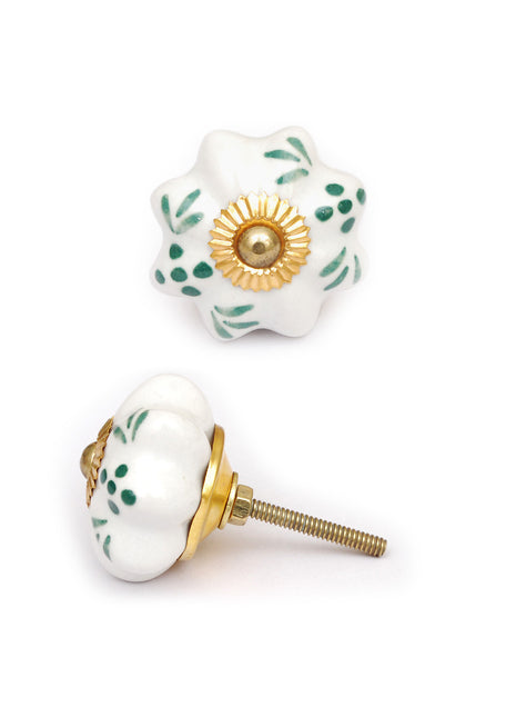 Flower Shaped White Ceramic Cabinet Knob With Green Print