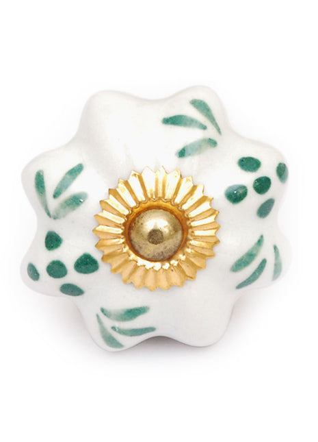 Flower Shaped White Ceramic Cabinet Knob With Green Print