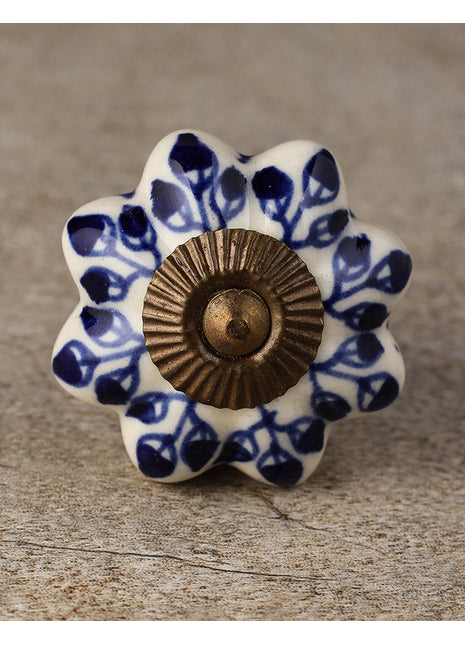 Blue Floral on White Hand Painted Ceramic Door Knob
