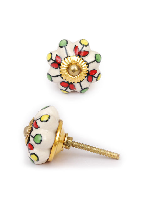 White Floral Designer Cabinet Knob With Multicolor Print