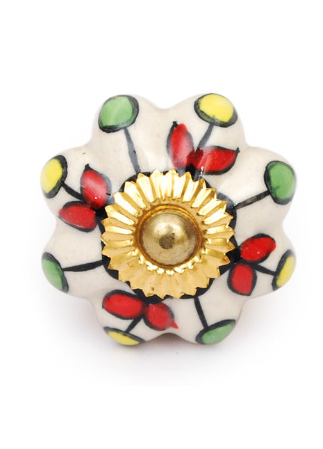 White Floral Designer Cabinet Knob With Multicolor Print