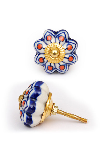 White Flower Shaped Ceramic Drawer Knob With Multicolor Print