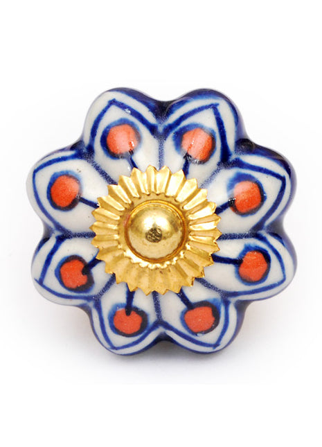 White Flower Shaped Ceramic Drawer Knob With Multicolor Print