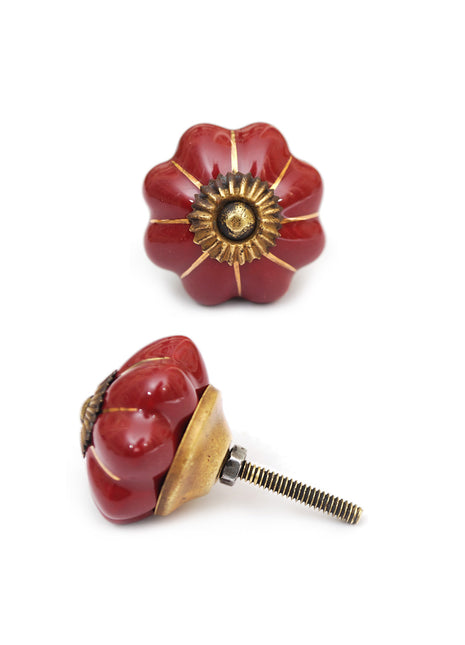 Stylish Red Ceramic Dresser Cabinet Knob With Golden Design