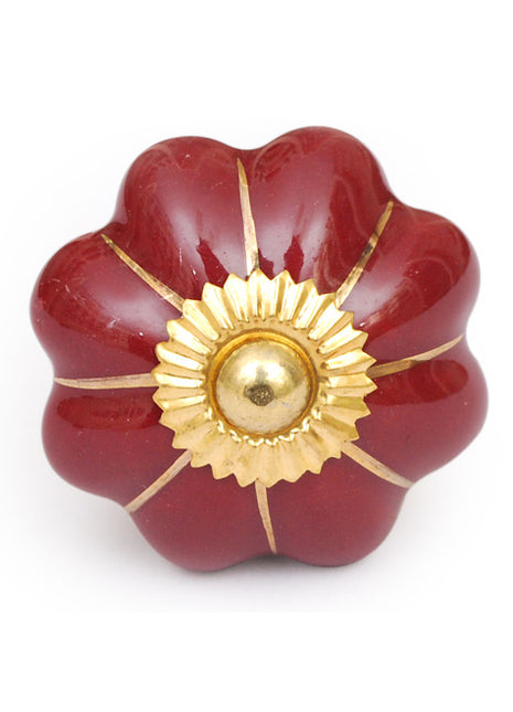 Stylish Red Ceramic Dresser Cabinet Knob With Golden Design
