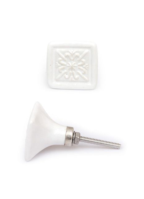 Square Shaped White Ceramic Door Knob With Carved Design