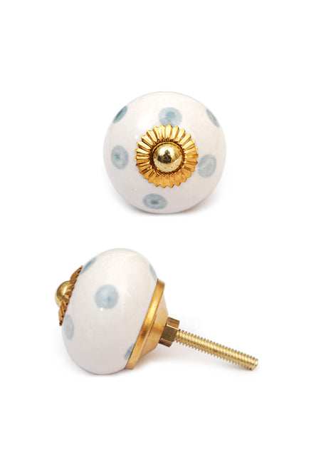 White Round Cabinet Knob With Grey Polka Dots