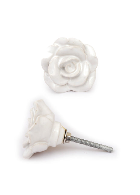 Designer Flower Engraved On Stylish White Ceramic Drawer Knob