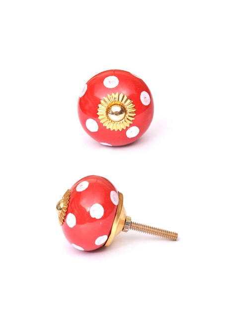 Red Round Cabinet Knob With White Polka Dots