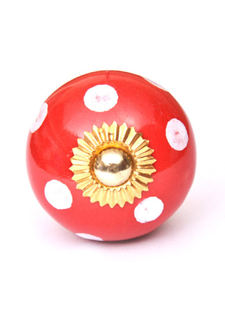 Red Round Cabinet Knob With White Polka Dots