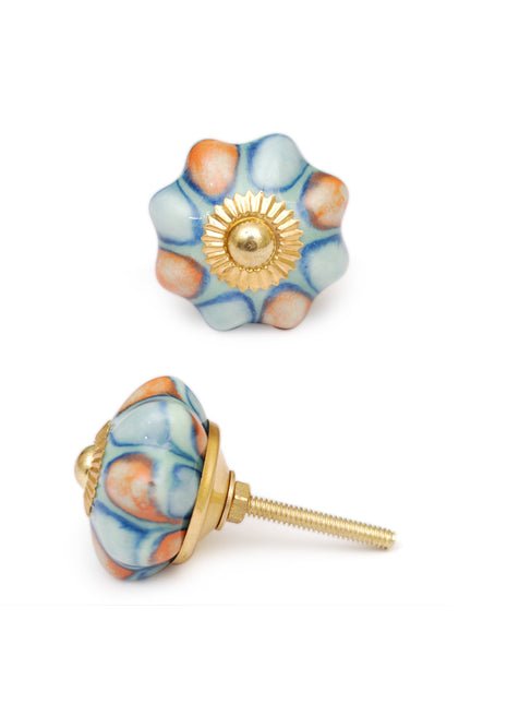 Turquoise And Orange Floral Ceramic Kitchen Cabinet Knob