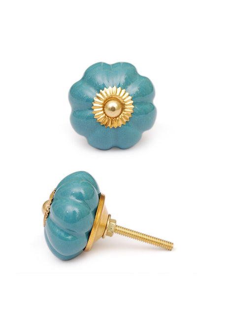 Solid Teal Flower Shaped Handmade Ceramic Drawer Knob